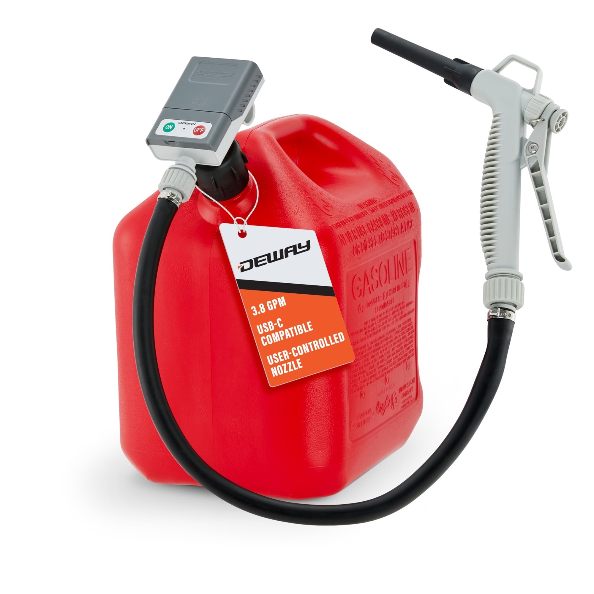 Deway Portable Fuel Transfer Pump — Battery Powered, Trigger Nozzle, 3.8 GPM, Rubber Hose, Model# WAYGCP38HNRH